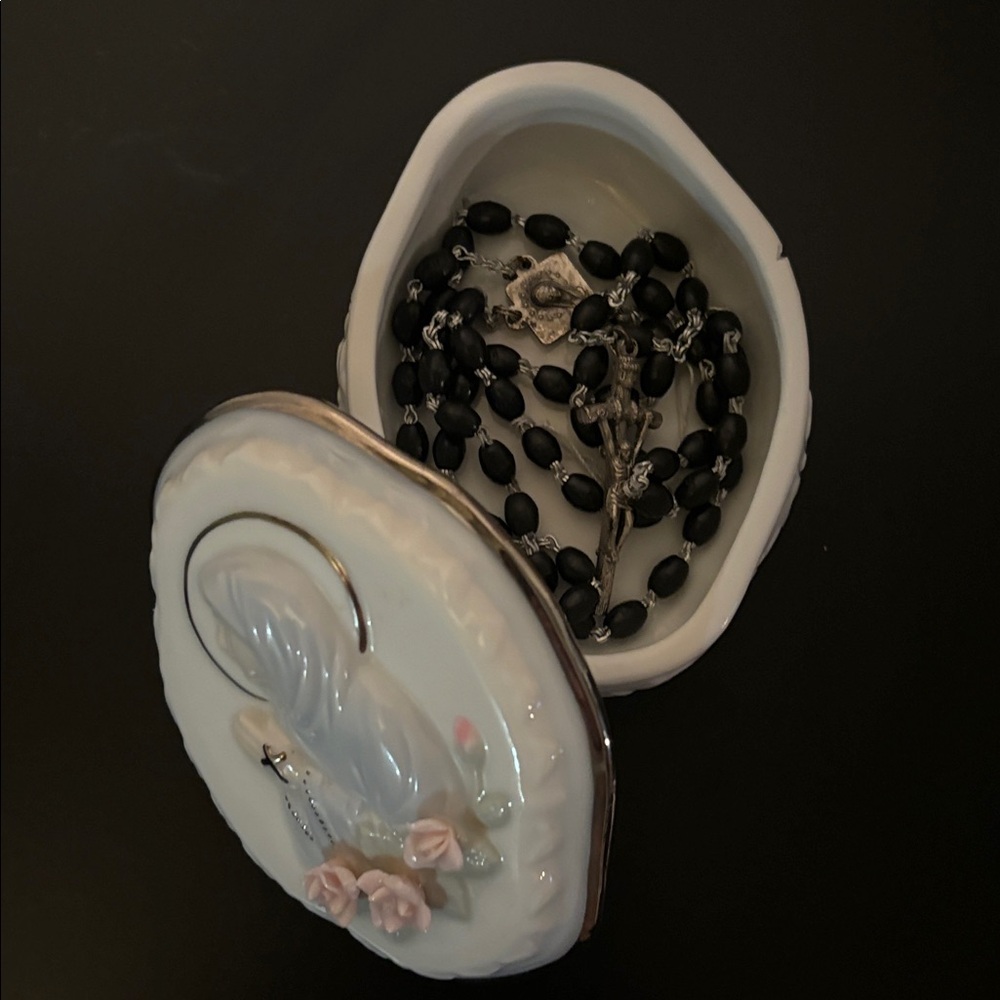 Porcelain Floral Trinket Box with Black Rosary